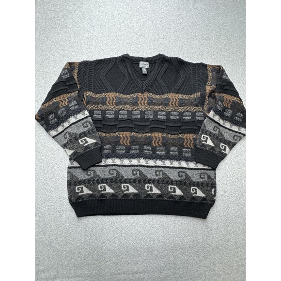 Montecatini Sweater Mens Large Black Textured Knit Geometric Italy Grandpacore - Picture 1 of 7